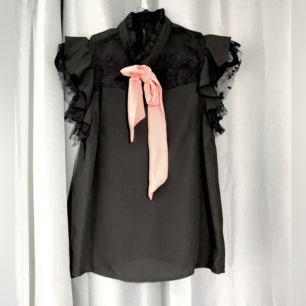 Women's Round Neck Sleeveless Lace Bowknot Casual Blouse Black - X-Small